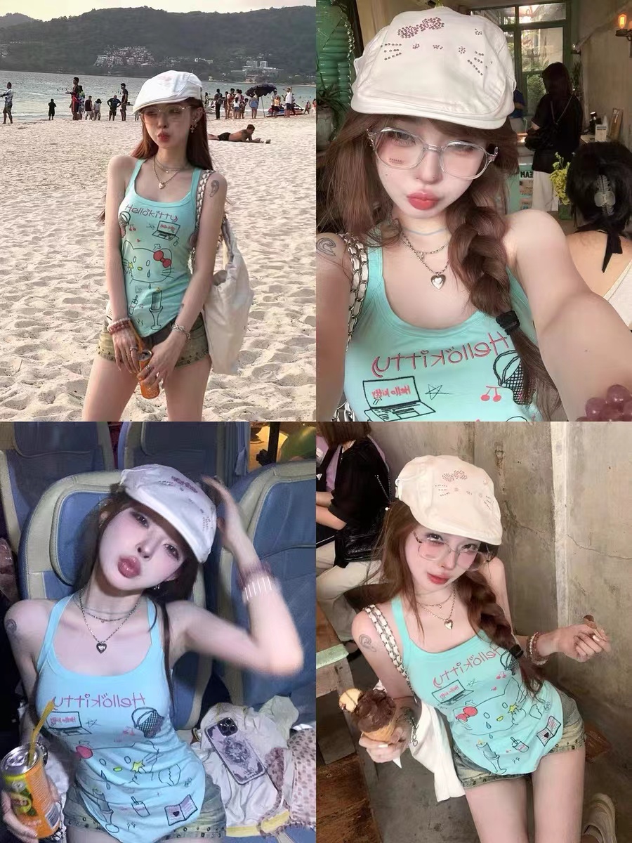 Hand-painted graffiti Kitty cat vest for women with contrasting color design hot girl pure lust top