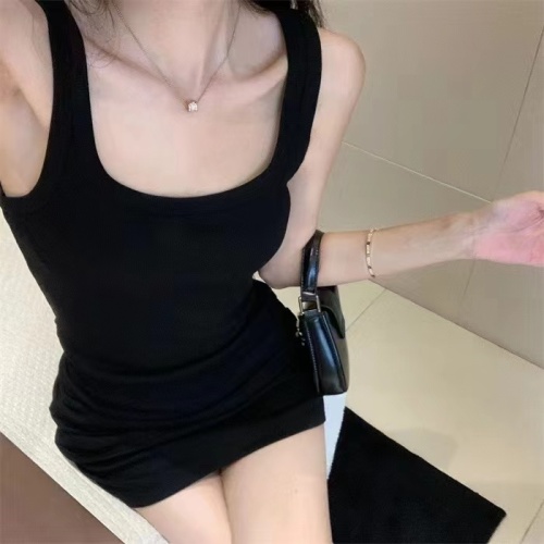 Solid Color Camisole Dress Female Summer Hot Girl Square Neck Short Skirt Pure Desire Slim Waist Sexy Hip Skirt