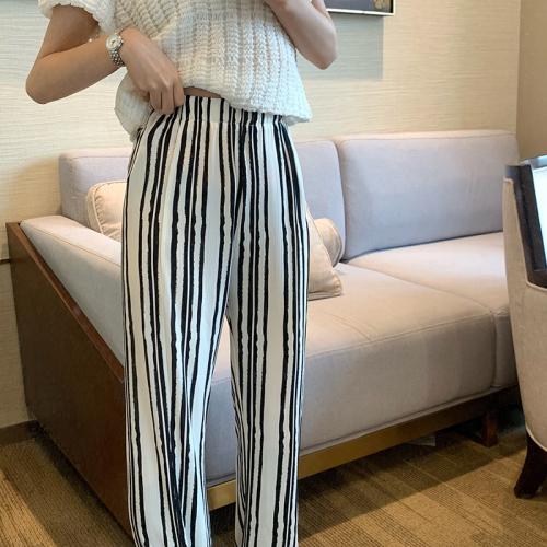 Black and white striped ice silk wide leg pants for women summer high waist drape straight casual pants floor mopping slit pants 200 pounds