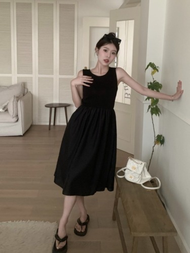 Actual shot ~ Summer new Korean style round neck sleeveless black high waist splicing temperament vest dress