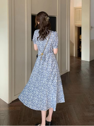 French puff short-sleeved floral dress, high-end 2024 new waist-cinching fishtail skirt, women's summer long dress