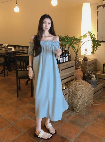 Actual shot~Resort style summer loose one-shoulder French long dress
