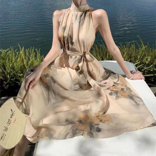 2024 Korean version of the new Chunye Girl New Chinese Tencel Halter Dress Summer Vacation National Style Skirt