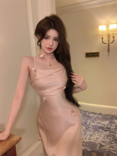 Real shot of sexy floral satin high-waist slim slit midi dress with suspenders