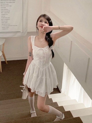 French first love pure lust style white suspender dress fairy waist temperament petite fluffy short skirt summer