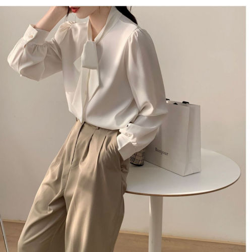 White shirt long-sleeved bow top for women autumn new temperament design niche shirt