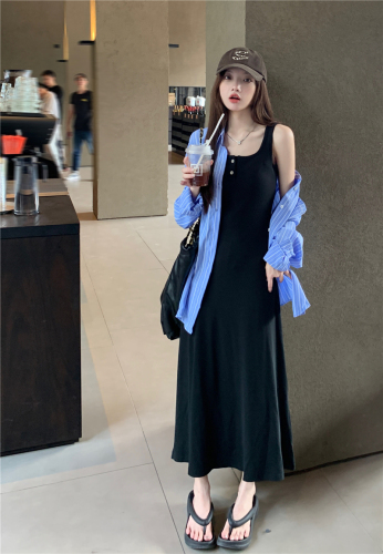Real shot~Loose and versatile long-sleeved shirt with boyfriend power + knitted sleeveless long skirt