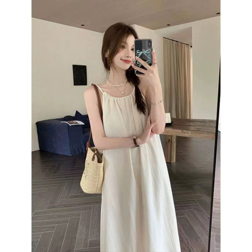 Summer solid color niche design sleeveless loose slim casual simple A-line halterneck elegant long skirt dress