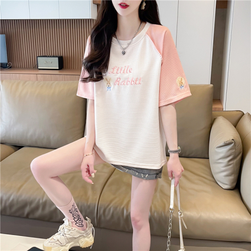 Real shot of 2024 summer waffle stitching shell edge design top petite embroidered T-shirt for women