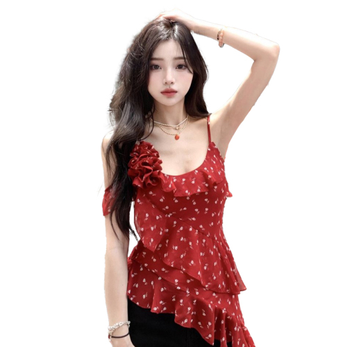 Complete three standards ~ 2024 summer new style two-color irregular floral hot girl streamer ruffled suspender top