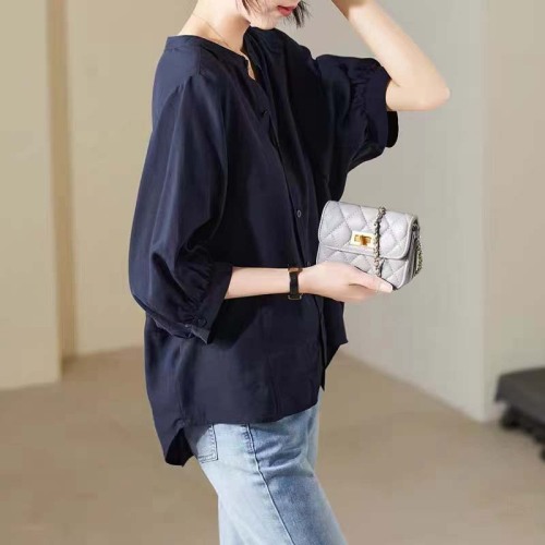 Three-quarter sleeve shirt, Korean style, summer style, loose, casual, versatile, slimming, simple mulberry silk round neck chiffon shirt