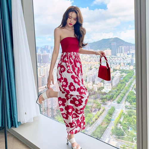 French summer new temperament sweet and spicy style beach seaside vacation super fairy tube top high waist long skirt printed dress