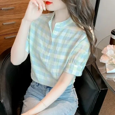 Plaid round neck women's summer design niche French high-end sweet and age-reducing short chiffon top