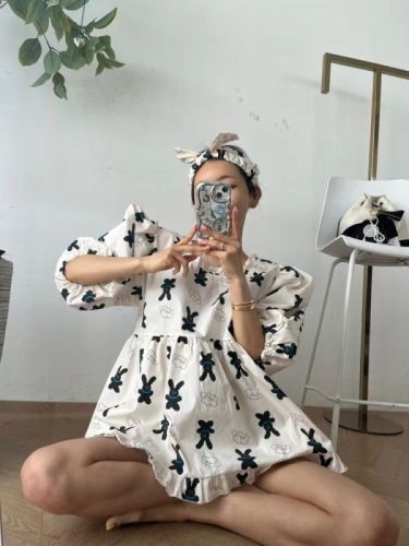 Korean Dongdaemun 24 new women's clothing ruffled printed pajamas set with headband