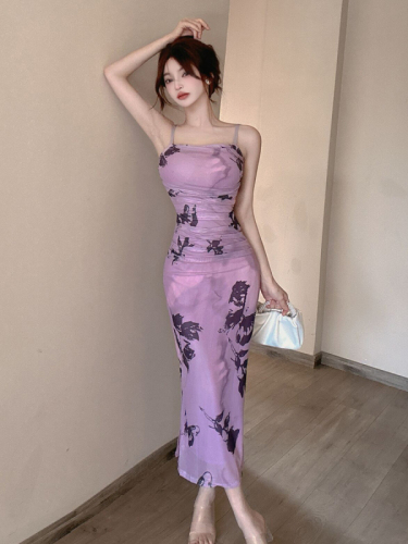 Real shot of tie-dye purple suspender dress for women in summer slim-fitting mesh slit skirt hot girl hip-hugging fishtail long skirt