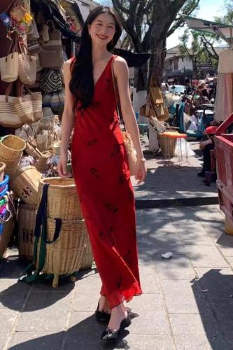 Pure desire seaside resort style long dress sexy deep V-neck slim dress summer red RP floral print skirt