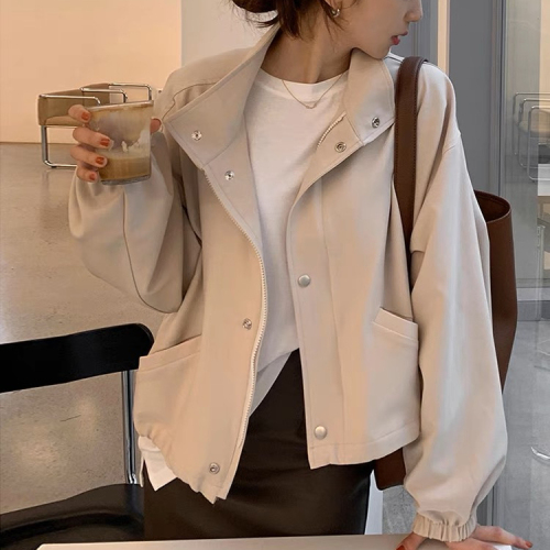 2024 New Spring and Autumn Thin Solid Color Short Jacket Feminine Lazy Style Loose Casual Stand Collar Jacket Top