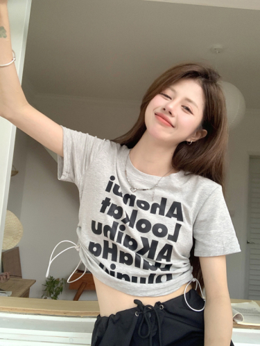 实拍~2024夏季韩版新款字母印花抽绳修身甜酷辣妹短款短袖T恤
