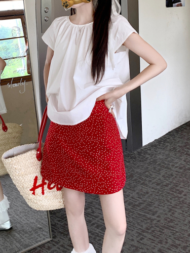 Actual shot of 2024 new summer Korean style high-waisted polka-dot A-line skirt for small women and sweet short skirt