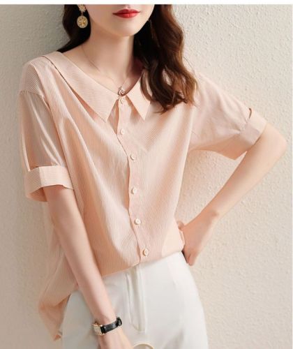 New design striped short-sleeved shirt for women, fashionable summer Korean style loose doll collar chiffon shirt