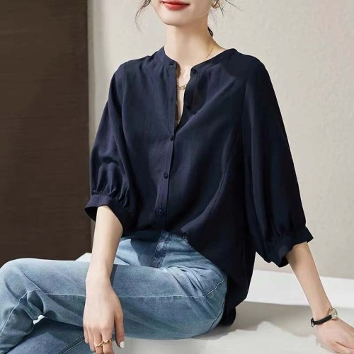 Three-quarter sleeve shirt, Korean style, summer style, loose, casual, versatile, slimming, simple mulberry silk round neck chiffon shirt