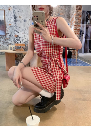 Lady's summer plaid red plaid lace-up dress