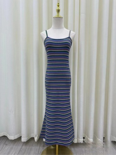 Rainbow striped knitted suspender dress for women dopamine wear slim fit hip skirt vest long skirt