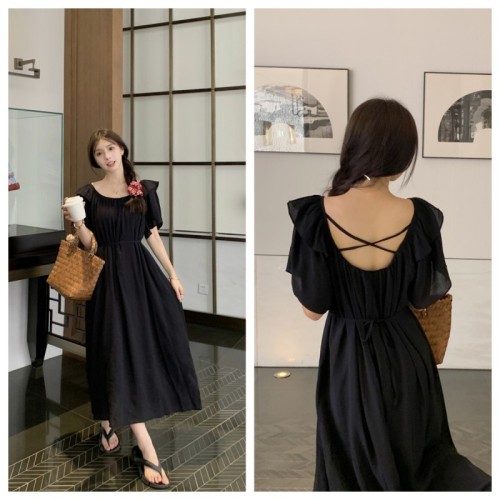 66148 Real shot of summer French simple one-line neckline off-shoulder two-wear design lace-up waist dress for women