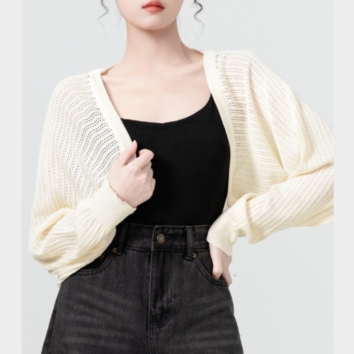 Apricot hollow long-sleeved knitted cardigan for women summer 2024 new sun protection blouse with suspenders and short waistcoat top