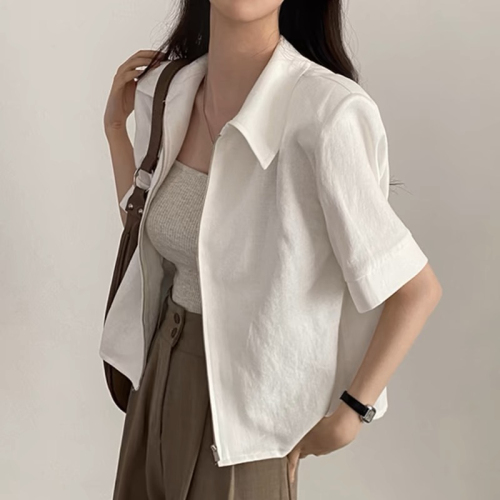韩国chic夏季复古气质翻领垫肩设计宽松休闲百搭纯色短袖衬衫上衣