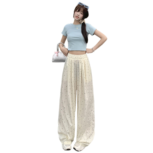 Actual shot of retro polka-dot loose wide-leg pants, ice silk thin style, lazy style straight casual floor-length pants for women, new style