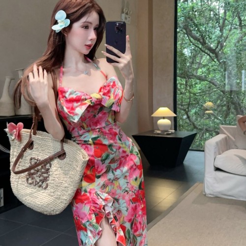 Real shot~Pure Desire Internet celebrity floral suspender slim fit ruffle suspender big bow slit dress