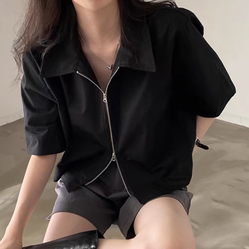 韩国chic夏季复古百搭翻领双拉链设计宽松休闲纯色短袖衬衫上衣女