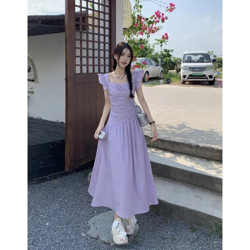 First Love Purple Feifei Sleeve Dress Women's Summer New Style Waist-Scheme Hollow Salty Sweet Long Skirt Trendy