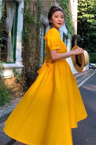 Actual shot~ Super fairy retro temperament French palace style puff sleeve short front and long back waist solid color dress