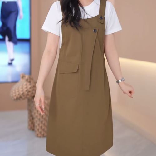 Official picture original quality large size women's clothing with good fit, high-end solid color and non-bleeding fake two-piece dress