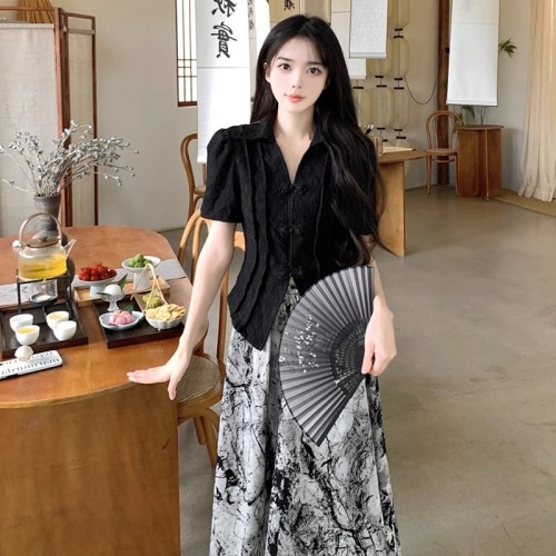 New Chinese style national style niche suit short-sleeved shirt women's summer ink skirt design two-piece set