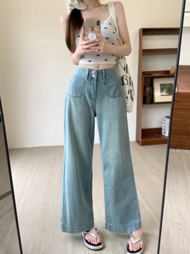 Small high-waisted jeans for women 2024 summer new loose large size straight wide-leg pants nine-point pants trendy