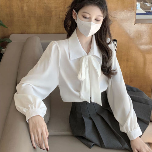 Lantern sleeve temperament Korean bow shirt white chiffon shirt women's long-sleeved tie design professional top