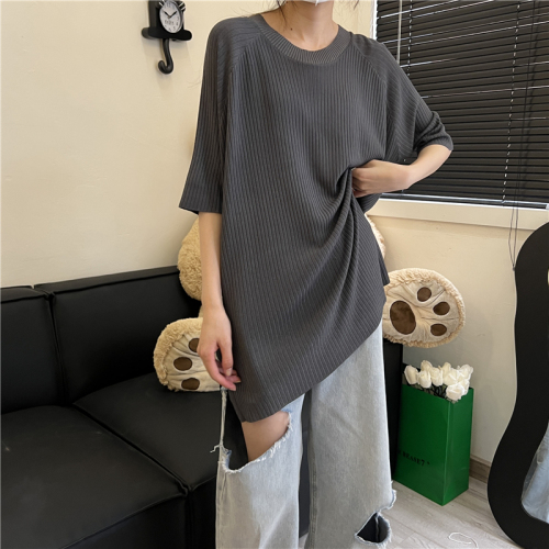 Actual shot~High quality simple Korean style loose three-quarter sleeve mid-length knitted T-shirt