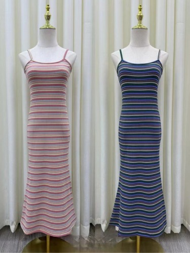 Rainbow striped knitted suspender dress for women dopamine wear slim fit hip skirt vest long skirt