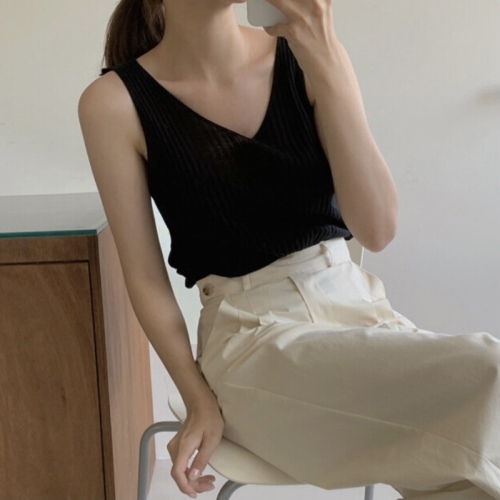 韩国chic夏季韩版坑条无袖背心百搭显瘦针织打底上衣女