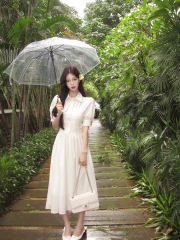 Actual shot of Korean style shirt dress, charming, fresh and elegant white long over-the-knee waist-cinching short-sleeved dress