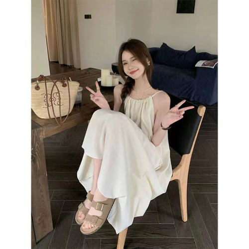 Summer solid color niche design sleeveless loose slim casual simple A-line halterneck elegant long skirt dress