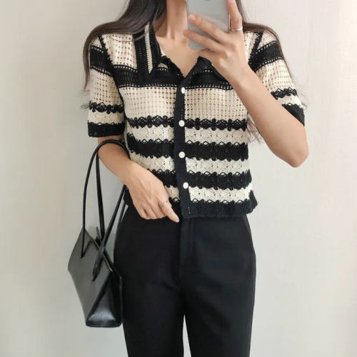 Striped knitted T-shirt women's summer Polo collar short-sleeved right-shoulder shirt petite top