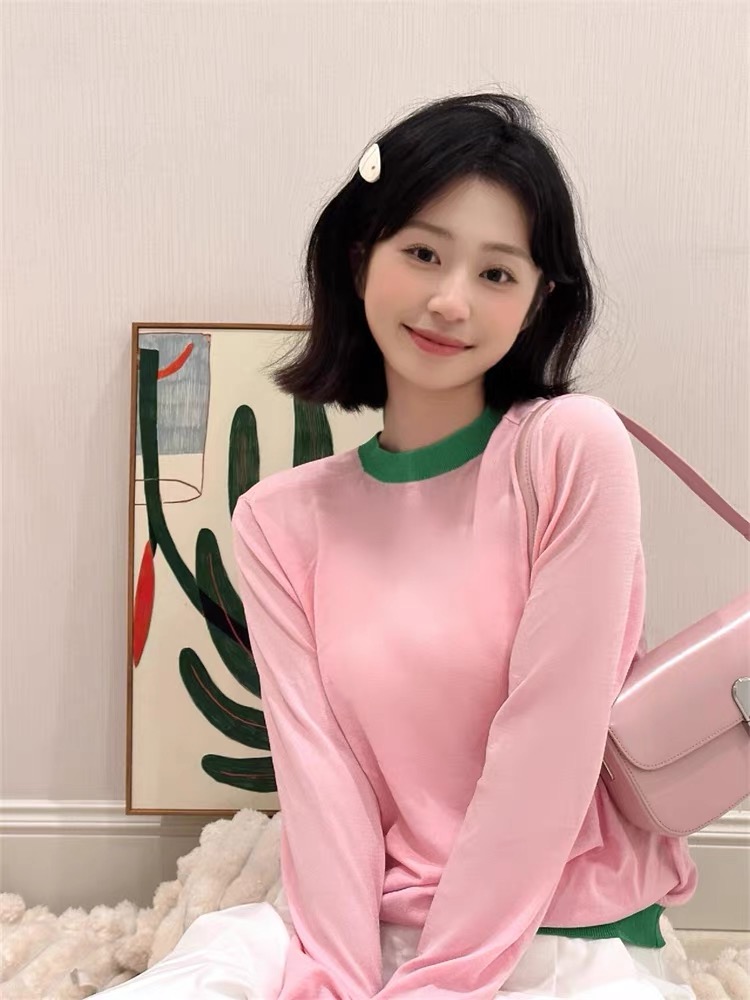 Pink knitted sun protection blouse for women 2024 new summer thin top with suspender skirt and short air-conditioning shirt