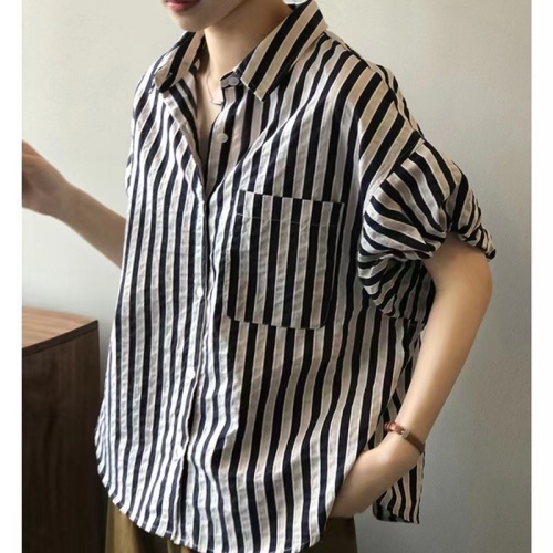 Spring and summer POLO collar short-sleeved simple loose trendy ins style striped drop shoulder sleeves slim shirt