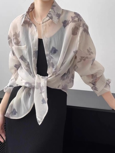 Floral sunscreen shirt for women summer new loose and breathable national style long-sleeved shirt thin mid-length jacket