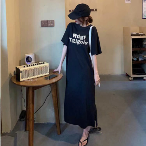 Summer new Korean fashion T-shirt women's printed slit dress loose plus size women's clothing