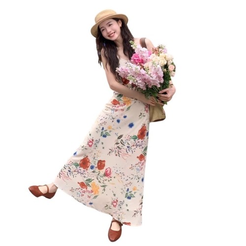 Resort Style V-neck Floral Suspender Skirt Women's Sweet Waist A-Line Dress Long Skirt